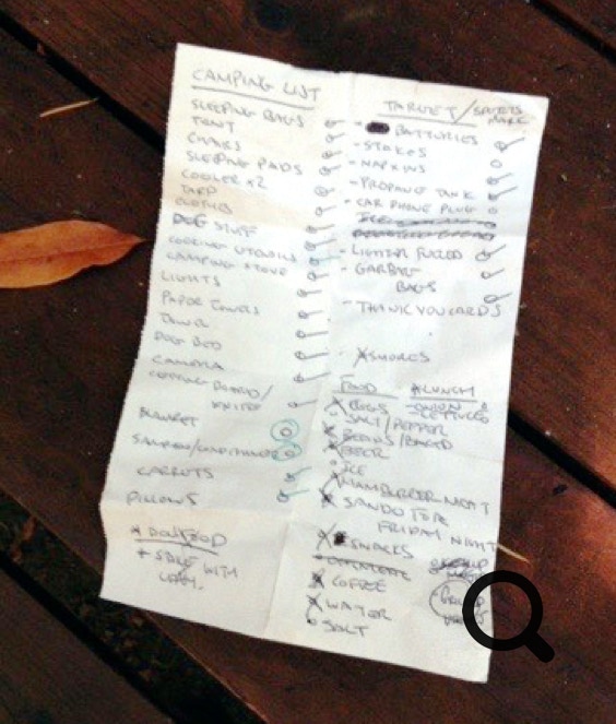 Hand written camping list with check marks